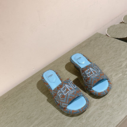 FENDI 26S HIGH SANDALS IN BLUE AND BROWN FABRIC