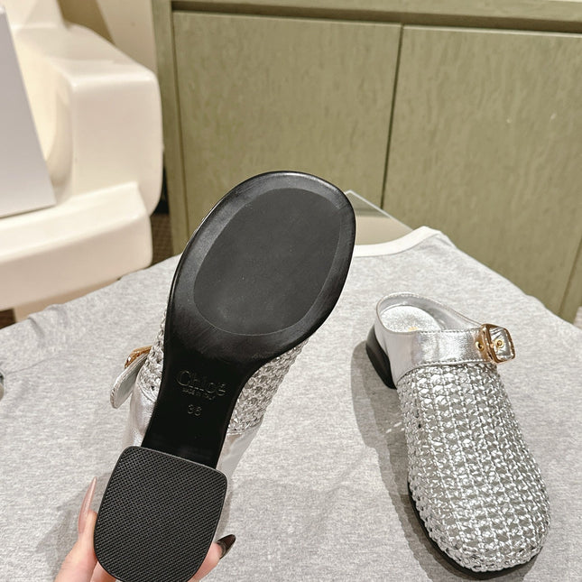 CHLOÉ 26S WOVEN MULES IN SILVER CALFSKIN