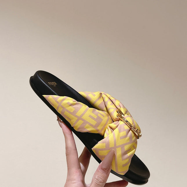 FENDI 26S WIDE CROSS-STRAP SANDALS IN YELLOW FABRIC