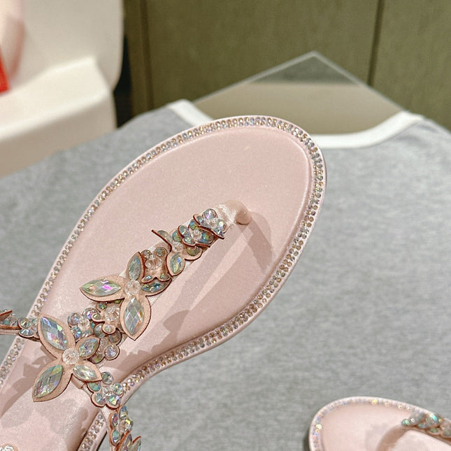 RENE CAOVILLA 26S THONG SANDALS IN NUDE PINK LAMBSKIN WITH CRYSTAL