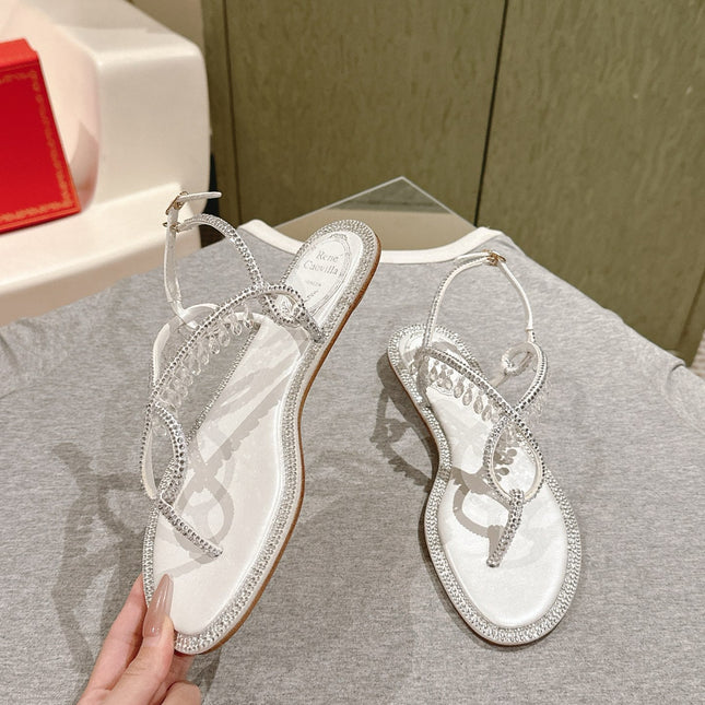 RENE CAOVILLA 26S THONG SANDALS IN WHITE LAMBSKIN CRYSTAL EMBELLISHED STRAP