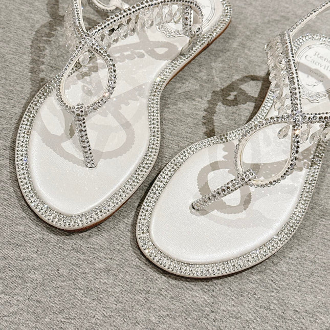 RENE CAOVILLA 26S THONG SANDALS IN WHITE LAMBSKIN CRYSTAL EMBELLISHED STRAP