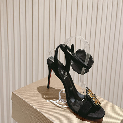 BEADED FLORAL EMBELLISHED SANDALS 135MM IN BLACK VELVET MIX CALFSKIN