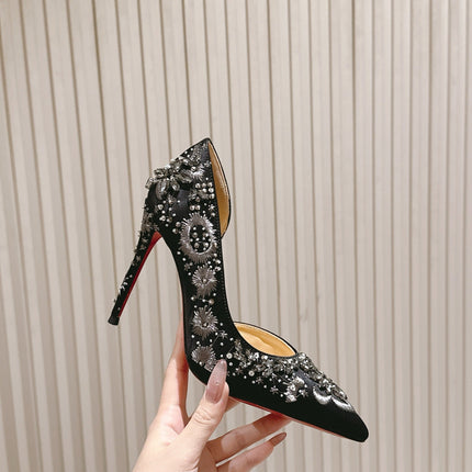 EMBROIDERED GLITTER IRIZA PUMPS 105MM IN BLACK SATIN