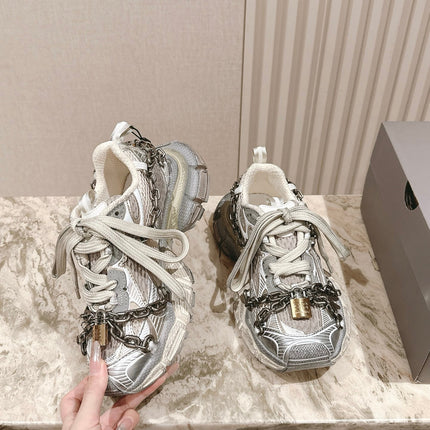 BALENCIAGA 25S 3XL SNEAKERS CHAIN-PADLOCK IN BEIGE MESH FABRIC AND SILVER PU