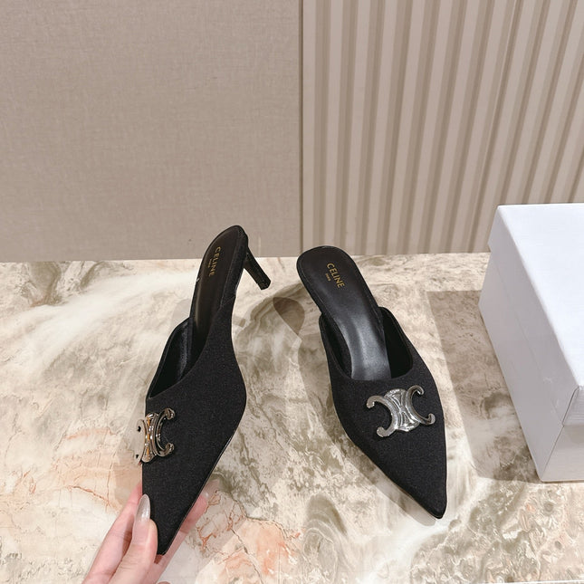 CELINE 25S ALMA TRIOMPHE MULE 45MM IN BLACK DENIM SILVER HARDWARE