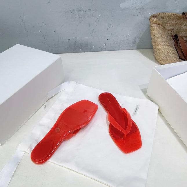 THE ROW 26S SQUARE TOE THONG SANDALS IN TRANSLUCENT RED PVC WITH SILVER FOOTBED