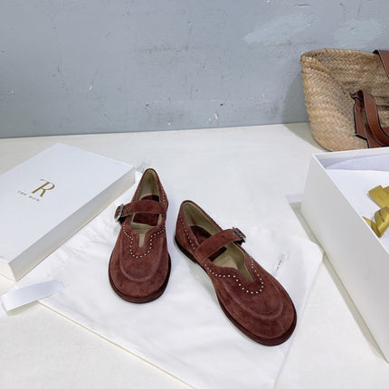 THE ROW 26S MARY JANE FLATS IN DARK BROWN SUEDE SILVER HARDWARE