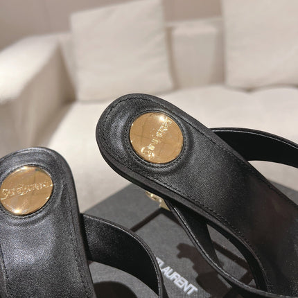 YSL 26S HEELED THONG SANDALS 85 MM IN BLACK SATIN