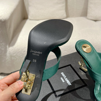 YSL 26S HEELED THONG SANDALS 85 MM IN DARK GREEN SATIN