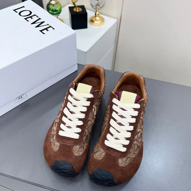 LOEWE 26S RUNNER 2.0 SNEAKERS IN DARK BROWN SUEDE AND ANAGRAM JACQUARD