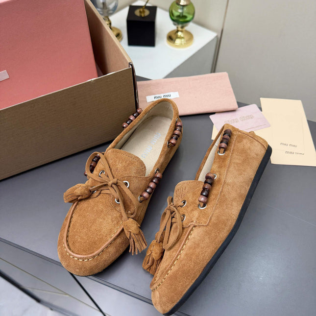 MIUMIU 26S TASSEL LOAFERS IN CARAMEL BROWN SUEDE BEADED TRIM