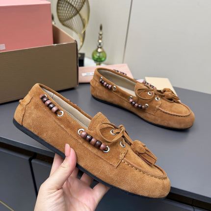 MIUMIU 26S TASSEL LOAFERS IN CARAMEL BROWN SUEDE BEADED TRIM