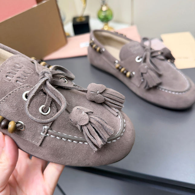 MIUMIU 26S TASSEL LOAFERS IN TAUPE BROWN SUEDE BEADED TRIM