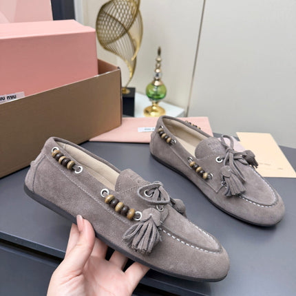 MIUMIU 26S TASSEL LOAFERS IN TAUPE BROWN SUEDE BEADED TRIM