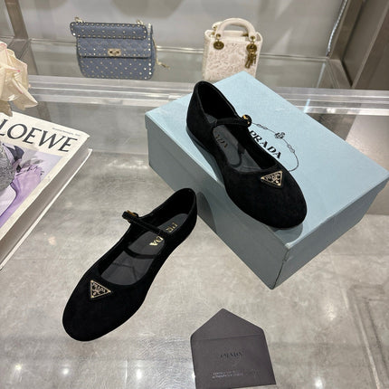 PRADA 25S MARY JANE BALLETS IN BLACK SUEDE