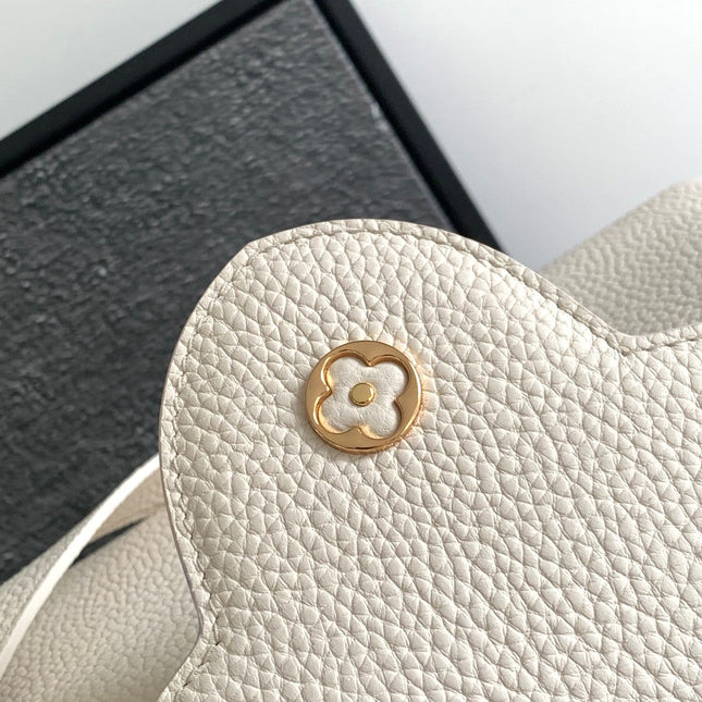 CAPUCINES BB 27 IN PEARL WHITE TAURILLON GOLD HARDWARE
