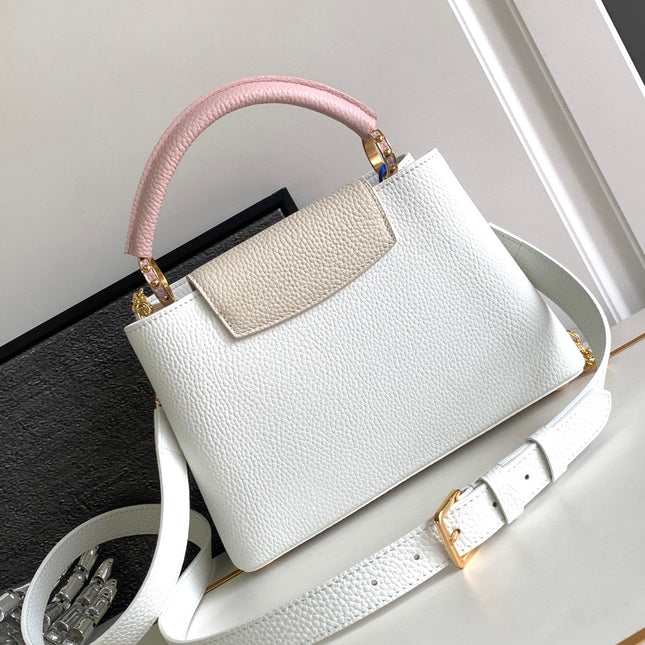 CAPUCINES BB 27 IN WHITE MIX PINK AND BEIGE TAURILLON GOLD HARDWARE