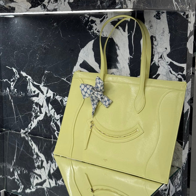 CELINE 25S FLAT CABAS NEW LUGGAGE 44MM IN PASTEL YELLOW GLOSSY CALFSKIN