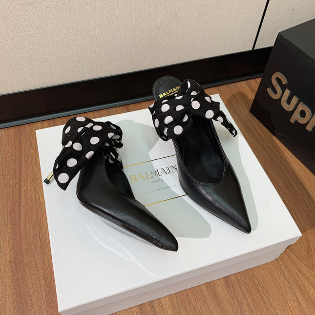 BALMAIN 25S BAKARI MULE WITH MONOCHROME POLKA DOT STRAP 95MM IN BLACK CALFSKIN
