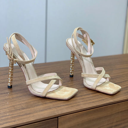 GIANVITO ROSSI 26S CRYSTAL HEELS 105 MM IN BEIGE SUEDE