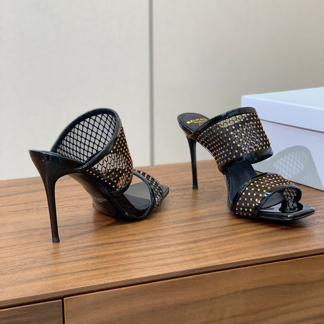 BALMAIN 26S HEEL SANDALS 95 MM IN BLACK MESH FABRIC WITH CRYSTAL EMBELLISHMENT STYLE 1