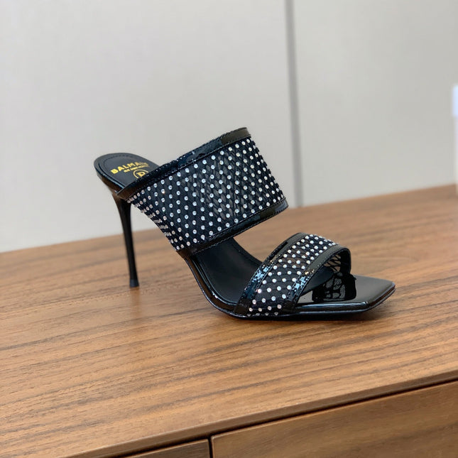 BALMAIN 26S HEEL SANDALS 95 MM IN BLACK MESH FABRIC WITH CRYSTAL EMBELLISHMENT