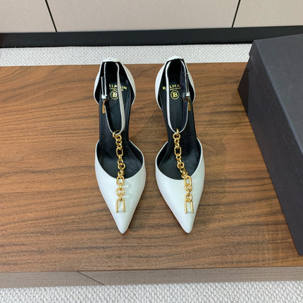 BALMAIN 26S CHAIN HIGH HEELS 95 MM IN WHITE CALFSKIN