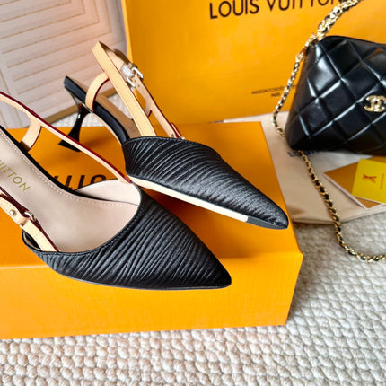 BLOSSOM PUMP SLINGBACKS 55 MM IN BLACK IMPORTED STRIPED SILK SATIN