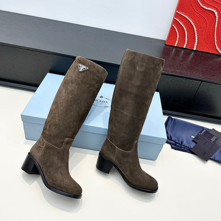 PRADA 25S HIGH-CUT BOOTS 55 MM IN EARTH BROWN SUEDE