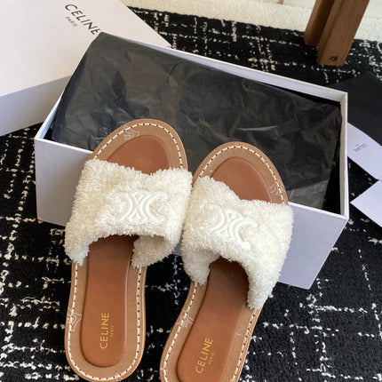 CELINE 26S TRIOMPHE FLAT SLIDES IN WHITE WOOL