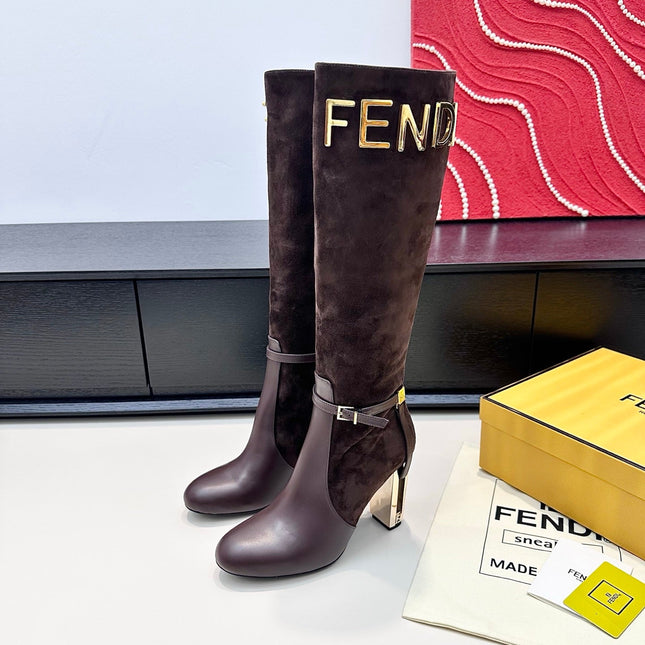 FENDI 25S HIGH-CUT METALLIC HEEL BOOTS 100 MM IN DARK BROWN SUEDE AND CALFSKIN STYLE 1