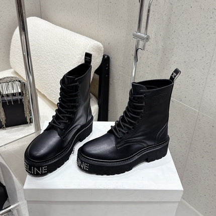CELINE 26S CHUNKY-SOLE COMBAT BOOTS IN BLACK CALFSKIN