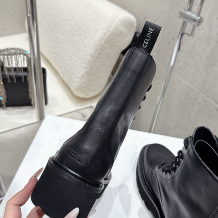 CELINE 26S CHUNKY-SOLE COMBAT BOOTS IN BLACK CALFSKIN