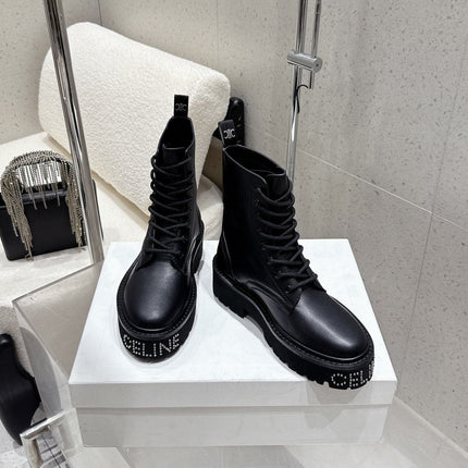 CELINE 26S CHUNKY-SOLE COMBAT BOOTS IN BLACK CALFSKIN