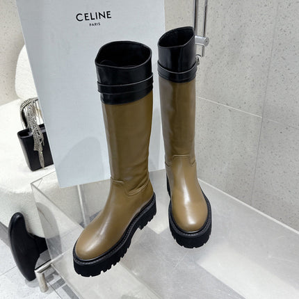 CELINE 26S KNEE-HIGH BOOTS IN OLIVE BROWN AND BLACK CALFSKIN