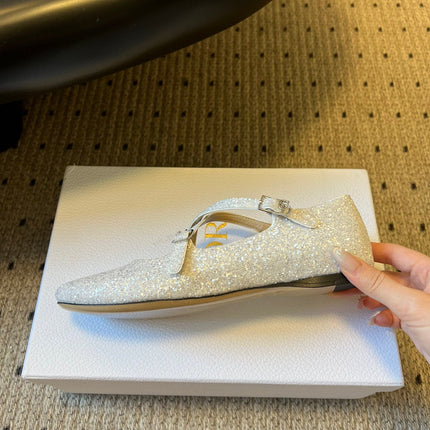 DIOR 26S BALLET FLAT IN WHITE LAMINATED LAMBSKIN AND GLITTER
