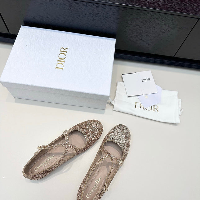 DIOR 26S BALLET FLAT IN GOLD LAMINATED LAMBSKIN AND GLITTER