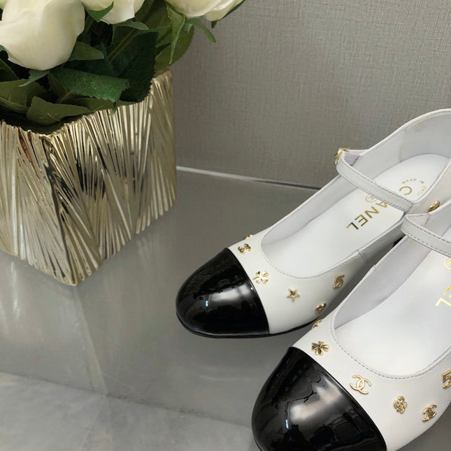 MARY JANE WHITE MIX BLACK LAMBSKIN ATTACH METAL