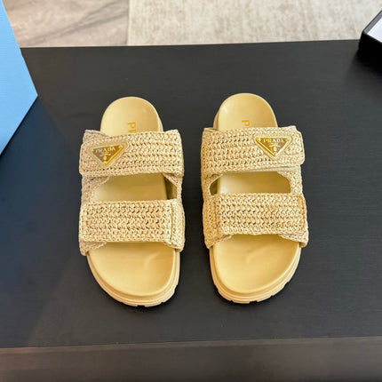 PRA RAFFIA CORK SLIDE PASTEL YELLOW CALFSKIN