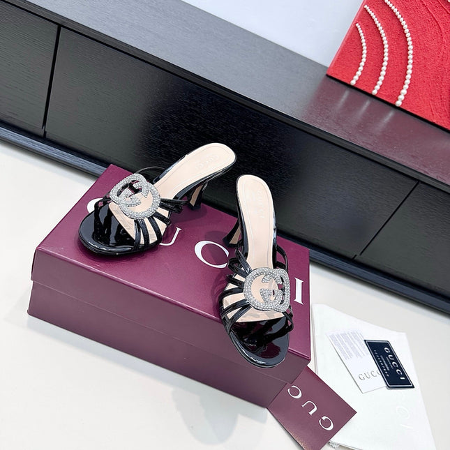 GUCCI 26S HEELED SANDALS 85 MM IN BLACK CALFSKIN WITH CRYSTAL
