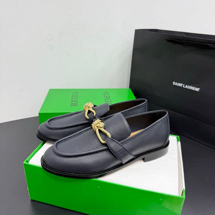 BOTTEGA VENETA 26S LOAFERS IN BLUE GRAY GRAINED CALFSKIN WITH GOLD HARDWARE