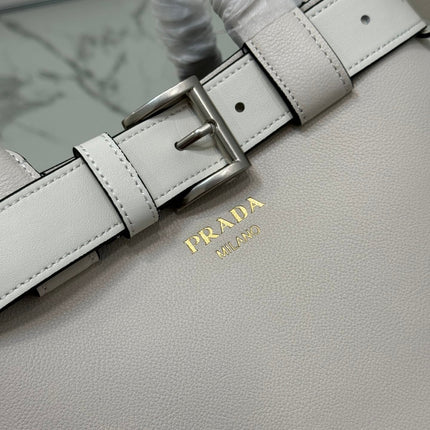 TOTE BAG WITH BELT 32 IN WHITE IMPORTED CALFSKIN