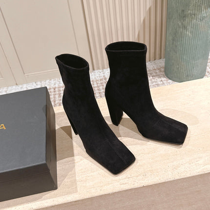 ALAIA 26S HEELED BOOTS 90 MM IN BLACK SUEDE