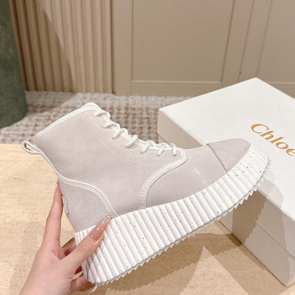 CHLOÉ 26S PLATFORM SOLE BOOTS 68 MM IN LIGHT BLUSH GRAY SUEDE