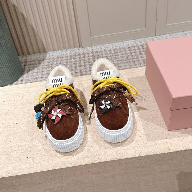 MIUMIU 25S SNEAKERS 50MM IN DARK BROWN SUEDE WITH SHEARLING