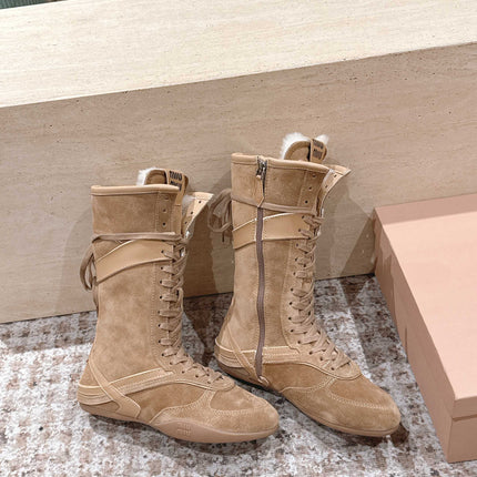 MIUMIU 25S ANKLE BOOTS IN LIGHT BROWN SUEDE WITH SHEARLING