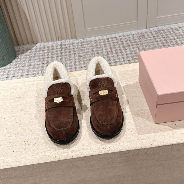 MIUMIU 25S PENNY LOAFERS 20MM IN DARK BROWN SUEDE WITH SHEARLING