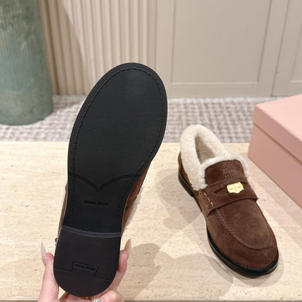 MIUMIU 25S PENNY LOAFERS 20MM IN DARK BROWN SUEDE WITH SHEARLING