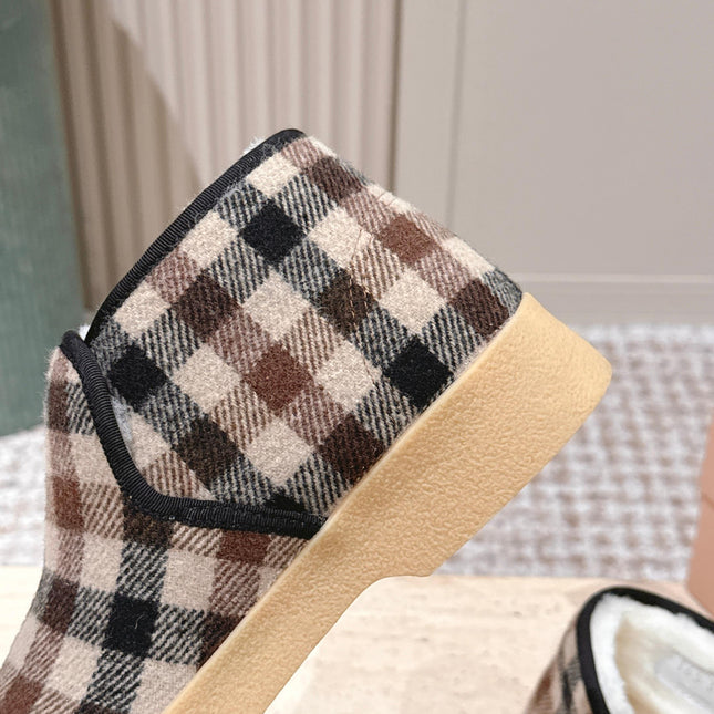 MIUMIU 25S SLIP-ON BOOTIES IN CAMEL BEIGE AND BLUE WOOL WITH SHEARLING